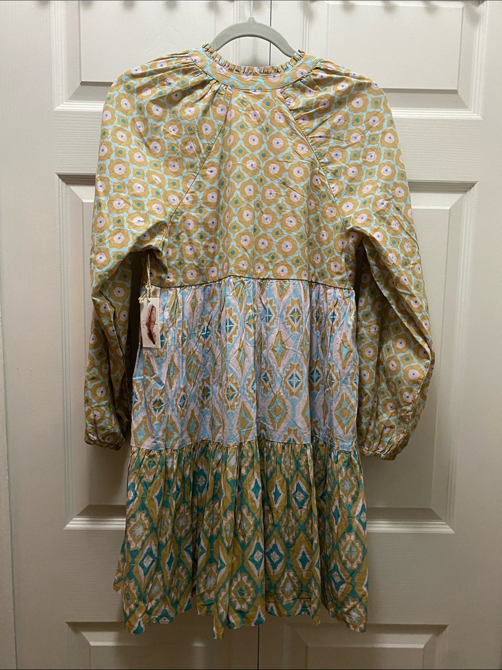 NWT Jessica Simpson Teal & White Patterned Tiered Mini Dress Size M 100% Cotton - Picture 2 of 8